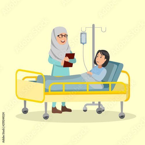 Arabian Nurse Checking Patient Conditions Illustration Vector Cartoon