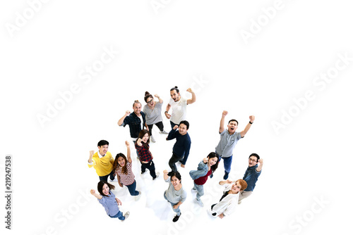 Group of Diversity People Team looking at camera with isolated white floor background. Creative teamwork feeling happy  enjoy and engage with achievement project with overhead aerial view concept.