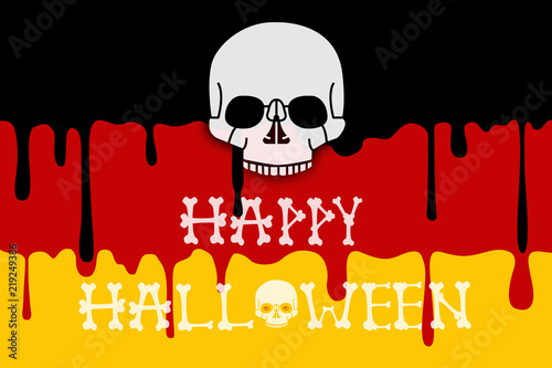 Totenkopf auf schwarz rot gelbem Hintergrund. Halloween Grusskarte. Illustration