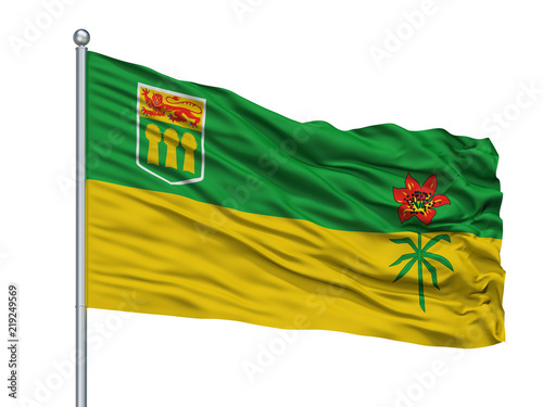 Saskatchewan Province City Flag On Flagpole, Country Canada, Isolated On White Background