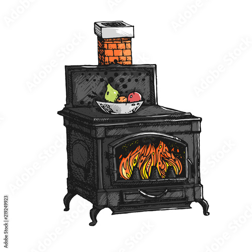 Ancient oven. Old stove. Ink graphic hand drawn illustration. Atmospheric vintage style furnace.
