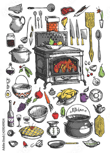 The set of vintage kitchenware. Collection of old kitchen stuff. Ink hand drawn illustration. Ancient oven, plates, spoons, knives, pots, kettles, etc.