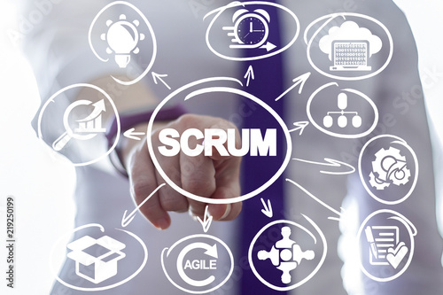 Businessman clicks a scrum word button on a virtual panel. Scrum Development Process Business concept. Scheme of Agile Methodology.