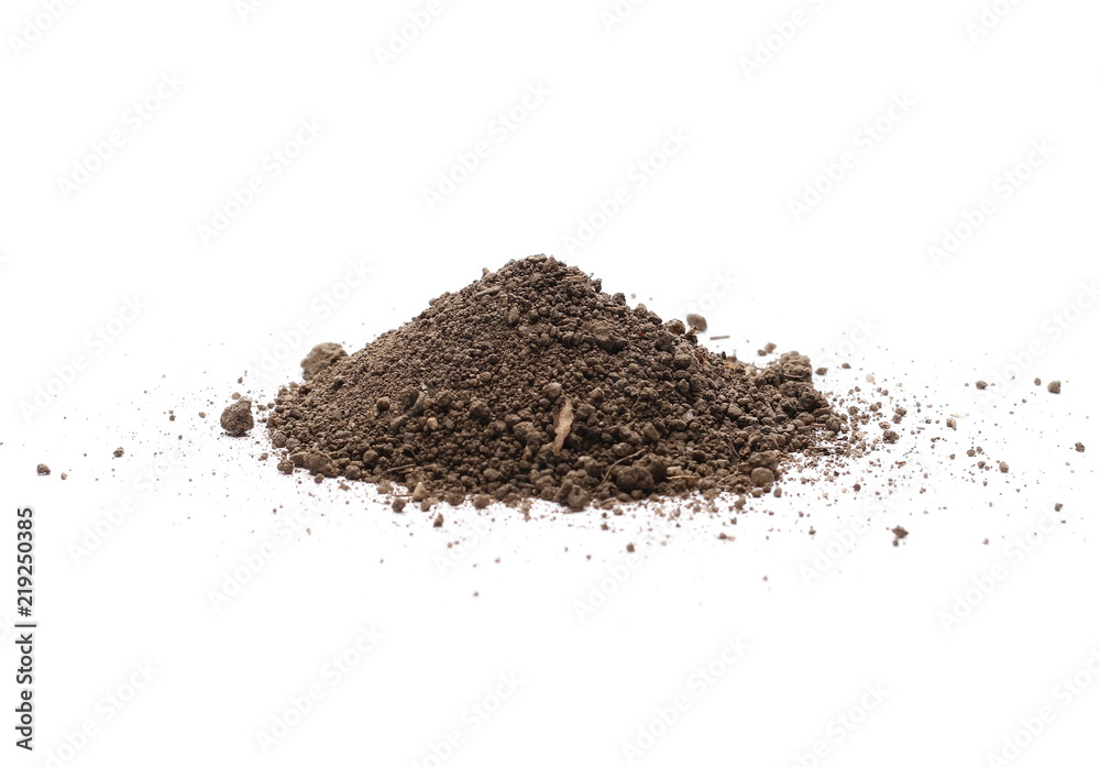 Dirt pile isolated on white background, with clipping path, side view Dirt pile isolated on white background, with clipping path, side view