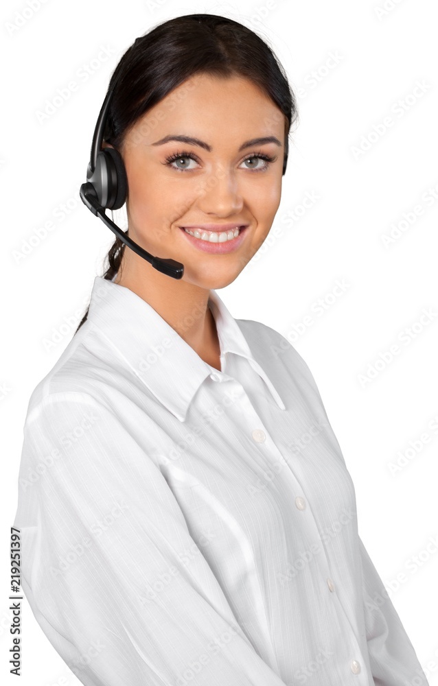 Young Woman Talking on Headset - Isolated Young Woman Talking on Headset - Isolated