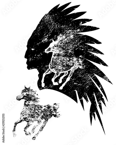 native american tribal chief and running mustang horse black and white silhouette vector design