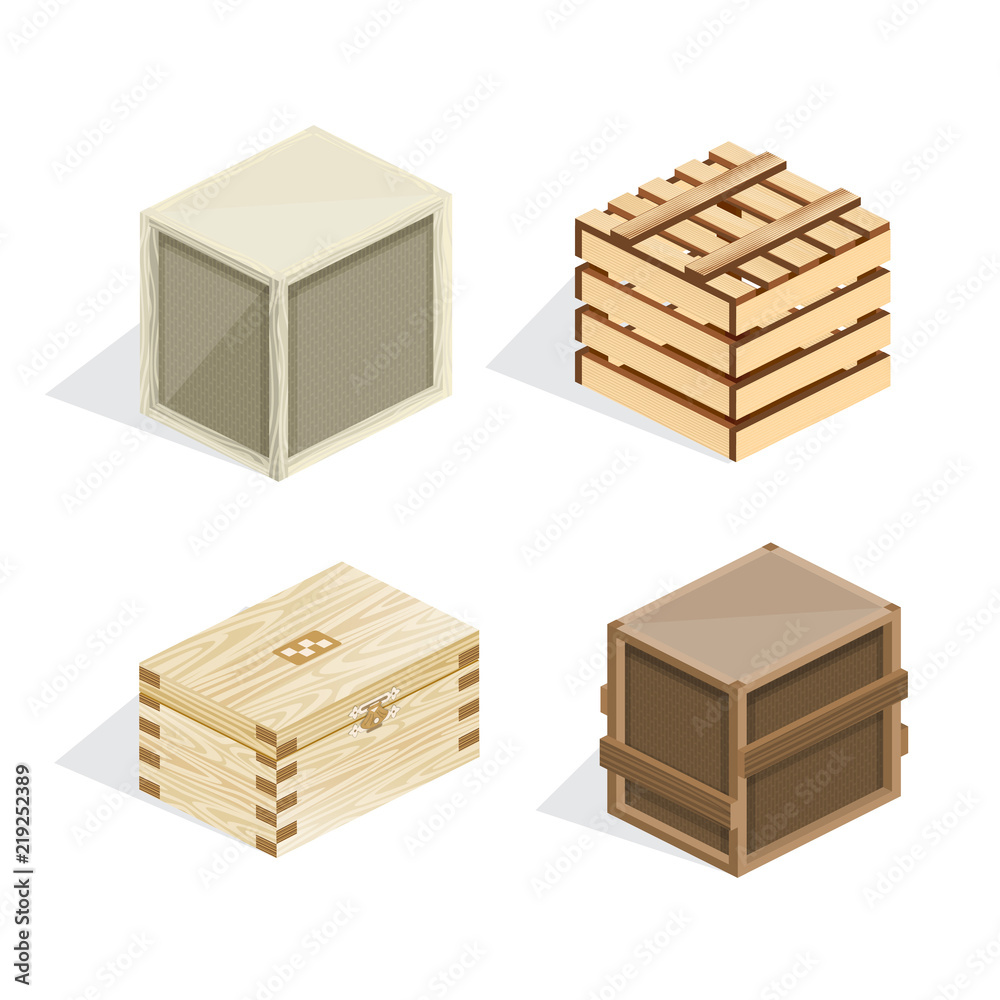 Set of realistic wooden boxes, boxes, packages, closed with covers. Set of realistic wooden boxes, boxes, packages, closed with covers.