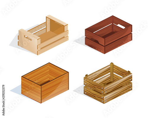 Set of realistic wooden boxes, boxes, packages, with open top.