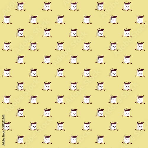 Fototapeta Naklejka Na Ścianę i Meble -  Pattern based on my kawaii illustration of a wasted addicted coffee mug tired while sitting on the floor and asking for more coffee: “Gimme me more shit!”.  The cup is surrounded by coffee grains