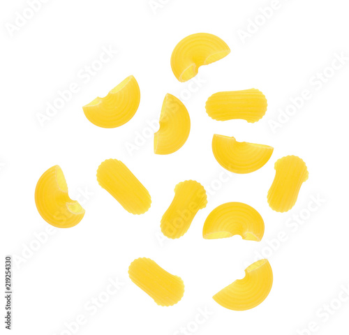 Top view of macaroni pasta isolated on white background
