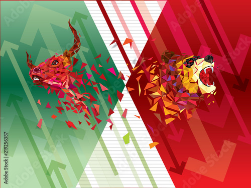 Bullish and Bearish symbols on stock market vector illustration. vector Forex or commodity charts, on abstract background. The symbol of the the bull and bear