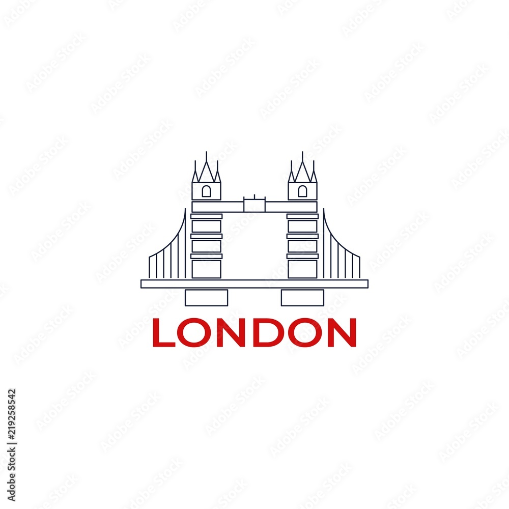 Vector illustration of the famous landmark of London. Modern line logo of Tower Bridge in England. Travel icon