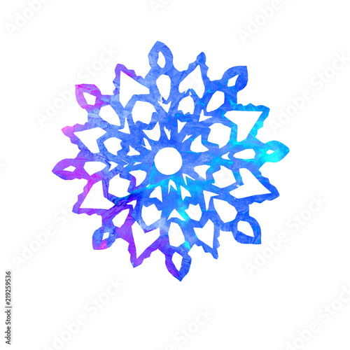 Snowflake, cut out shape with blue splashes color palette, hand painted watercolor illustration isolated on white background