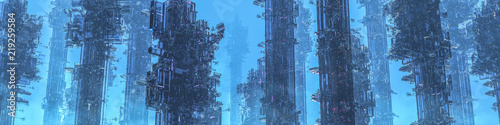Fototapeta Kosmiczna kolonia góruje panoramę / 3D ilustrację ciemny futurystyczny miasto okrywający w mgle