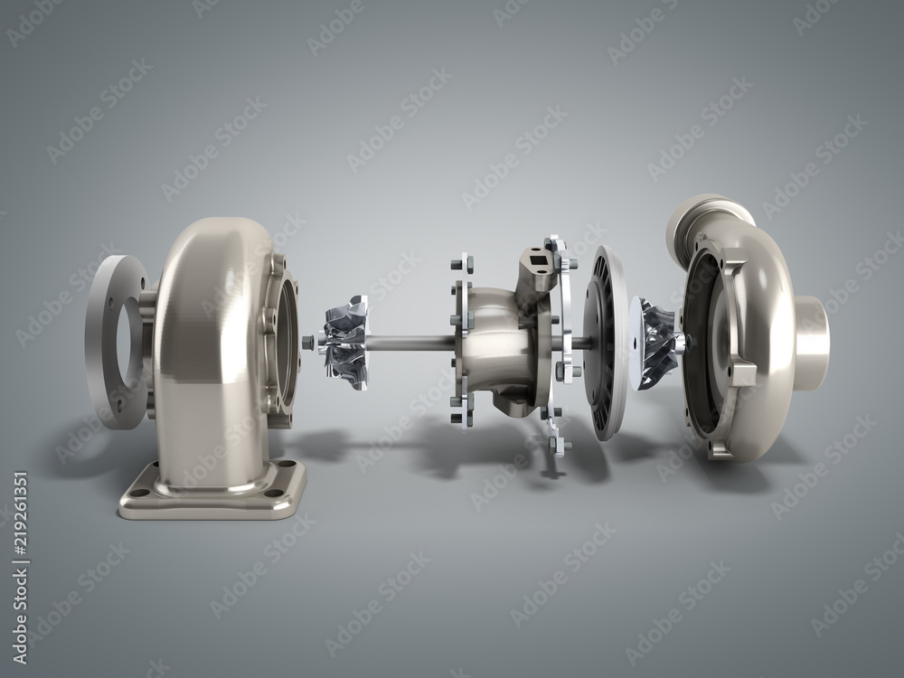 Automotive turbocharger turbine 3d render on grey Automotive turbocharger turbine 3d render on grey