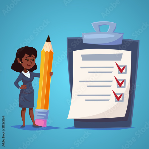 African American Business Woman with Giant check list of things to be checked, items required, things to be done, office schedule reminder. Vector business concept flat style cartoon illustration