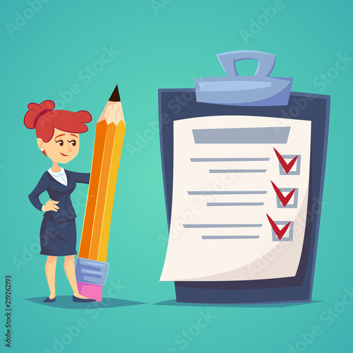 Giant check list. Young businesswoman with big list of things to be checked, items required, things to be done, office schedule reminder. Vector business concept flat style cartoon illustration photo