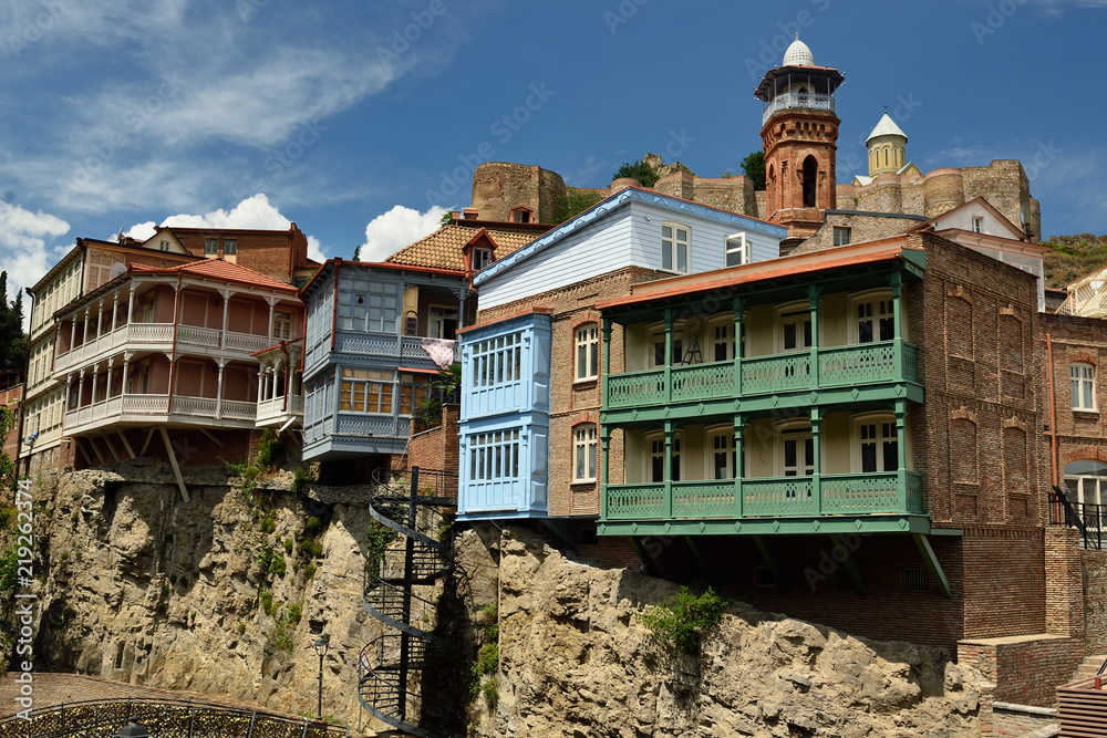 Georgia, Traditional houses with wooden carved balconies in the Old Town of Tbilisi.