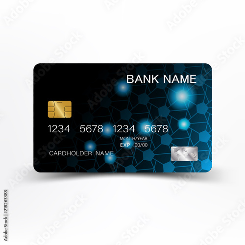 Realistic detailed credit card. Black and blue color on the white background.