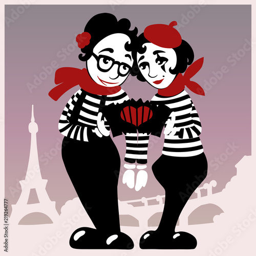 Mimes Young Man and Woman on Background of Paris