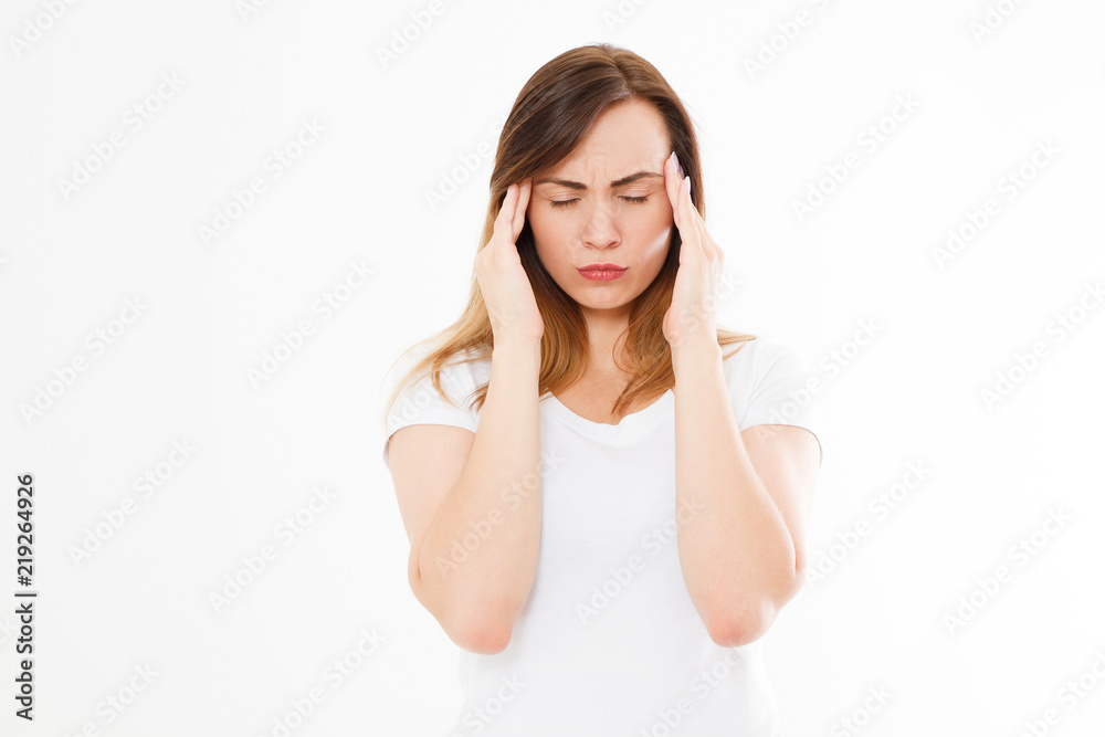 Stressed Exhausted caucasian Woman Having Strong Tension Headache. Portrait Of Sick Girl Suffering From Head Migraine, Feeling Pressure And Stress. Pain and health. Copy space. Stressed Exhausted caucasian Woman Having Strong Tension Headache. Portrait Of Sick Girl Suffering From Head Migraine, Feeling Pressure And Stress. Pain and health. Copy space.