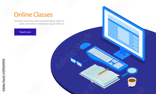 Online classes concept, Isometric desktop with study material on white background, responsive web template design.