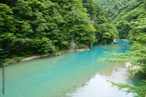 ミルキーブルーの川面。抱返渓谷。仙北 秋田 日本。７月中旬。