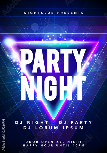 Vector illustration dance party poster background template with glow, lines, highlight and modern geometric shapes in blue colors. Music event flyer or abstract banner 