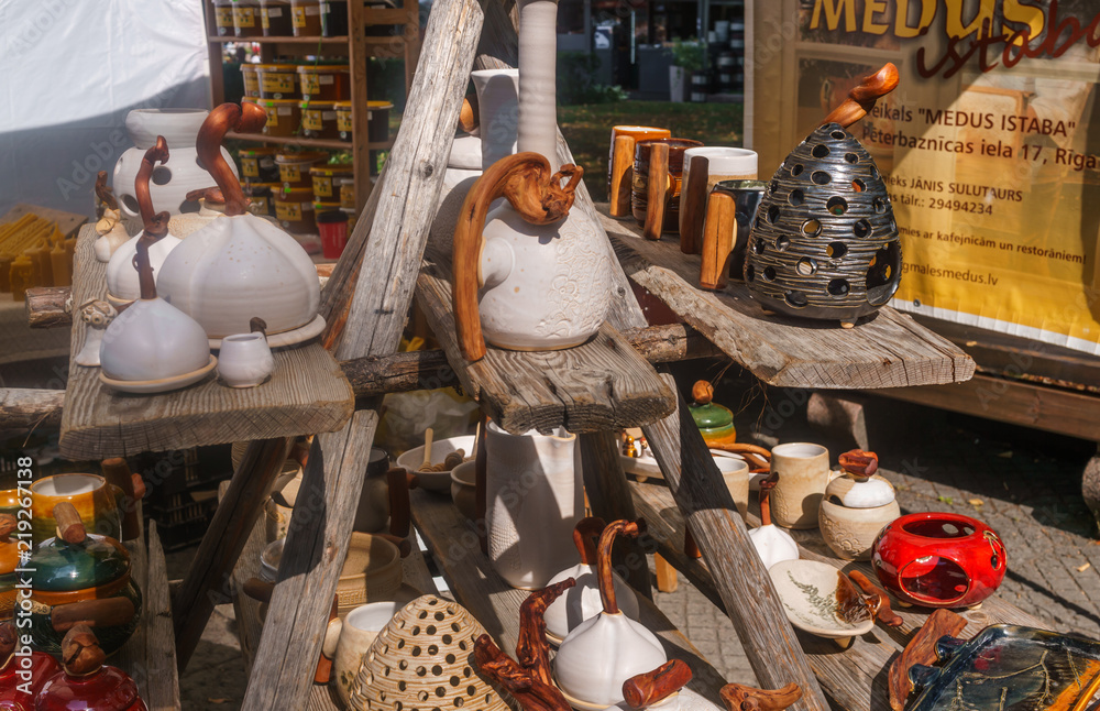 Various ceramic souvenirs, a souvenir shop for tourists. Riga, August 18, 2018.Latvia