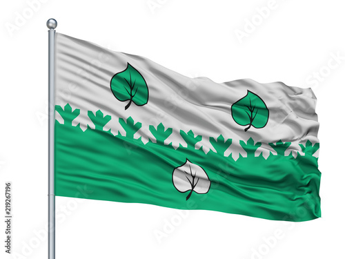 Balykchi City Flag On Flagpole, Country Kyrgyzstan, Isolated On White Background photo