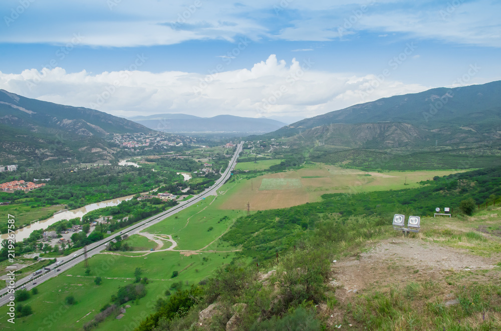 view of Mtskheta city and Kura with Aragvi rivers from Jvari Monastery. GEORGIA