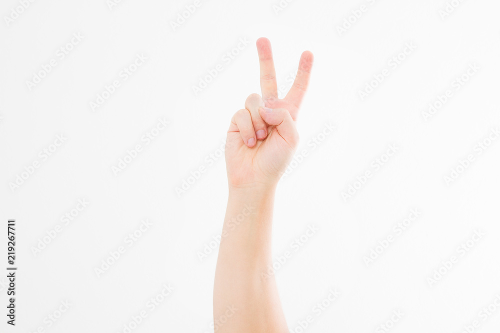 hand showing the sign of victory or peace closeup isolated on white background.Front view. Mock up. Copy space. Template. Blank. hand showing the sign of victory or peace closeup isolated on white background.Front view. Mock up. Copy space. Template. Blank.