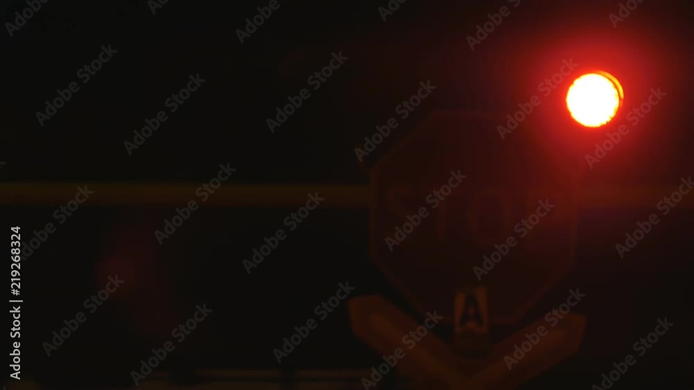 Passenger train passing through rail crossing at night. Traffic light signal.