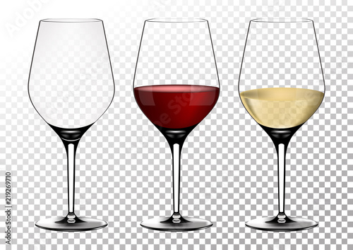 Set transparent vector wine glasses empty, with white and red wine. Vector illustration in photorealistic style.