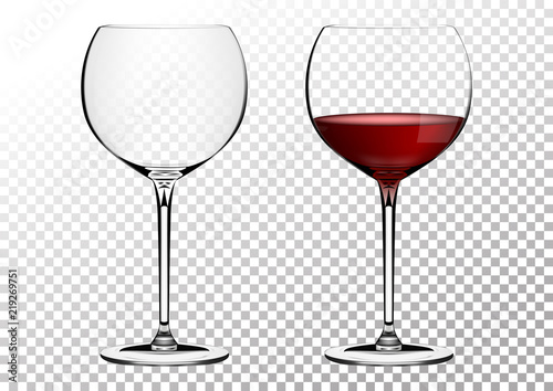 Set transparent vector wine bordo glasses empty, with red wine. Vector illustration in photorealistic style.