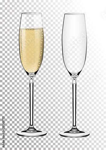 Set transparent vector champagne glasses empty, with sparkling wine. Vector illustration in photorealistic style.