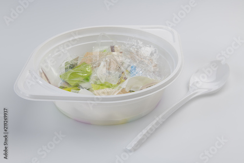 Plastic soup bowl and spoon with plastic soup.