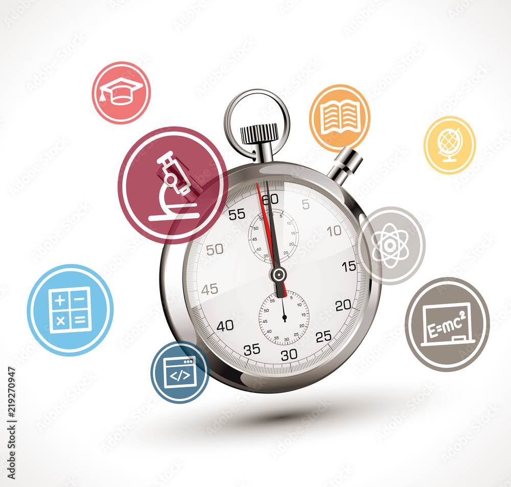 Naklejka premium Time to learn concept - stopwatch with school symbols - biology, chemistry, physics, mathematics, literature, geography, programming