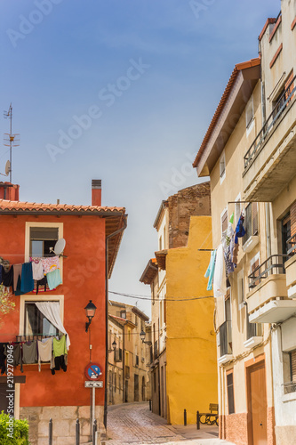 Colorful houses with drying laundry in Tudela, Spain