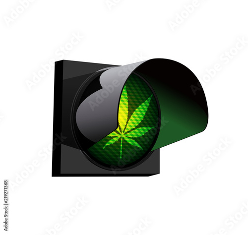 Marijuana legalization issue - green traffic light with marijuana leaf concept 