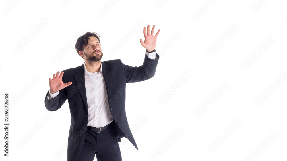 Businessman touching on a virtual whiteboard. Isolated on white Businessman touching on a virtual whiteboard. Isolated on white
