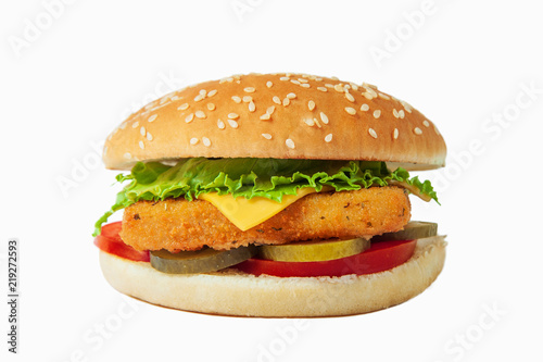 fish burger with vegetables isolated on white background.