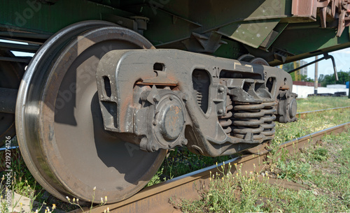 The railway wheels of Russian cargo wagon.