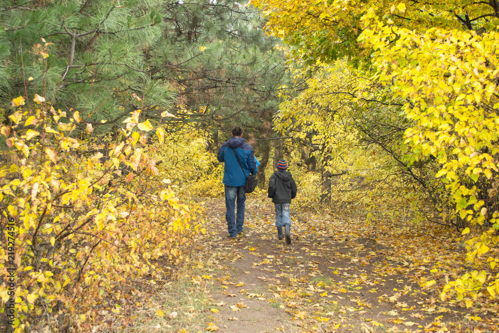 Obraz premium the little son with the father on walk in the autumn park