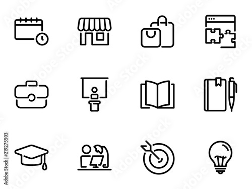 Set of black vector icons, isolated against white background. Illustration on a theme Shopping and preparation for study. Choice of profession and purpose in life