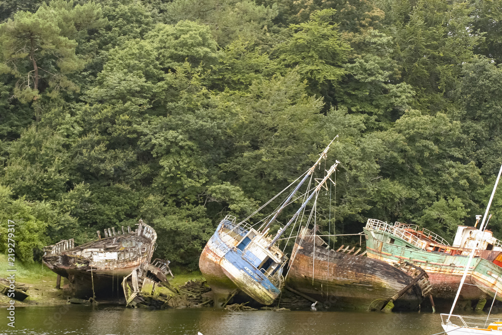 07/15/2018 Douarnenez France. Old boats in ship graveyard. 07/15/2018 Douarnenez France. Old boats in ship graveyard.