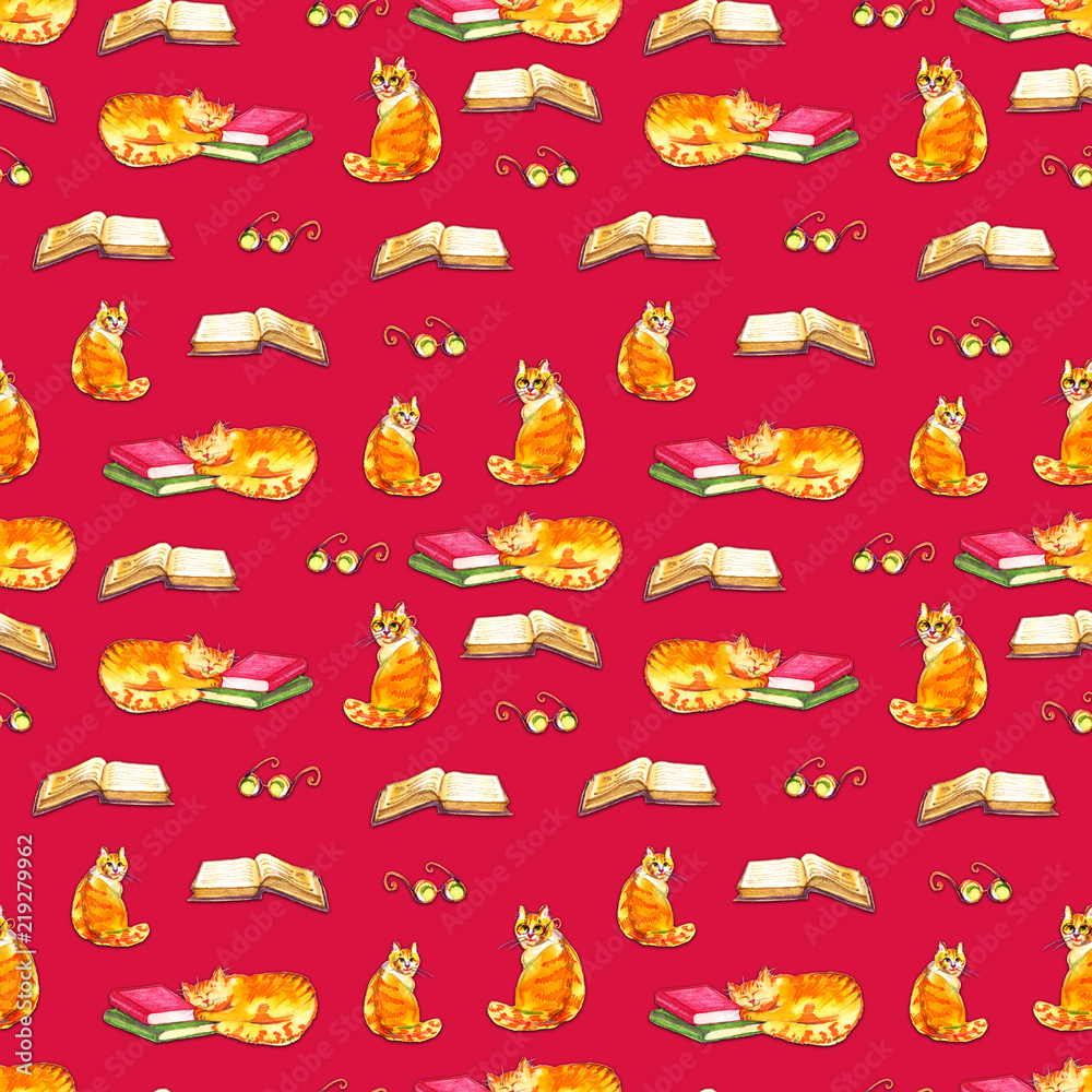 Obraz premium Seamless pattern with cats and books. Watercolor home scene