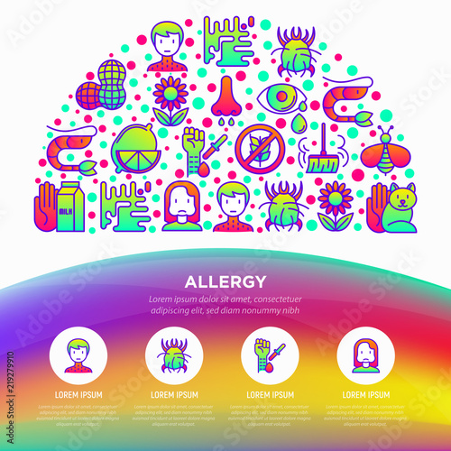 Allergy concept in half circle with thin line icons: runny nose, dust, streaming eyes, lactose intolerance, citrus, seafood, dust mite, allergy test, edema. Vector illustration, print media template.