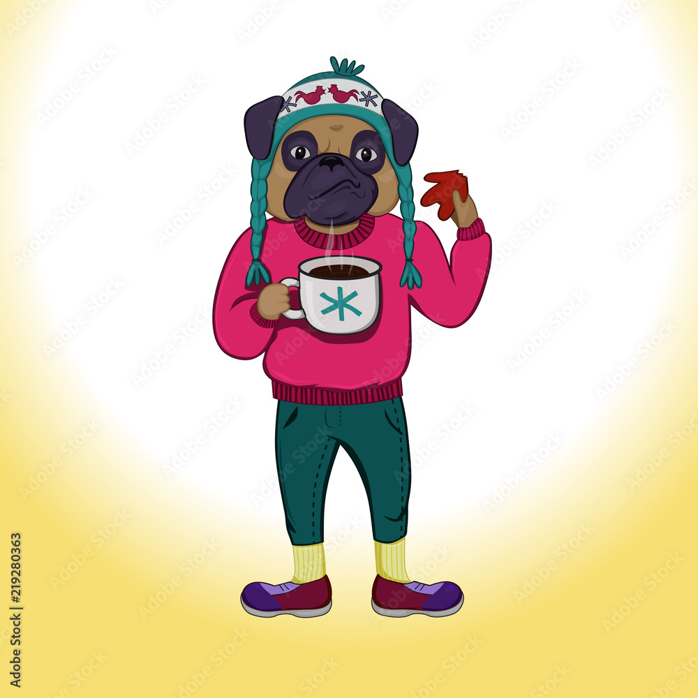 Fototapeta premium illustration of pug dog eating cookies and drinking hot coffee