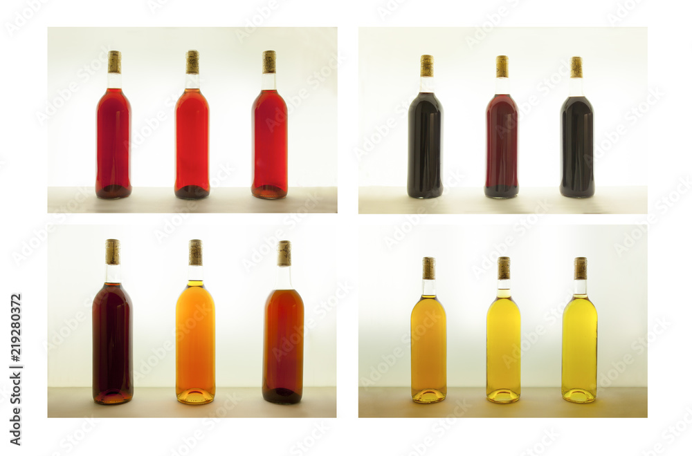 Nine bottles of wine with different tones Nine bottles of wine with different tones